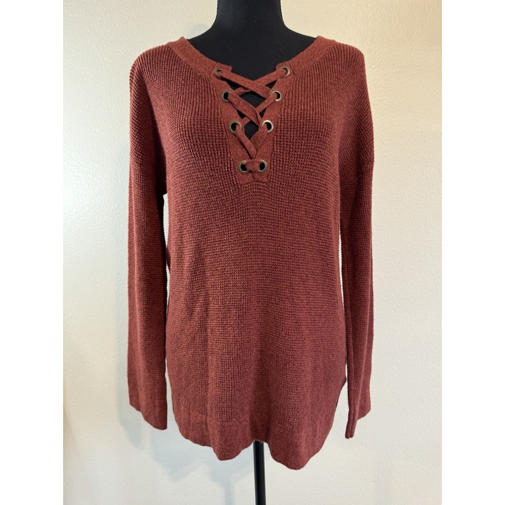 American Eagle Women Small Lace Up Sweater Brick Red V Neck Long Sleeve Boho